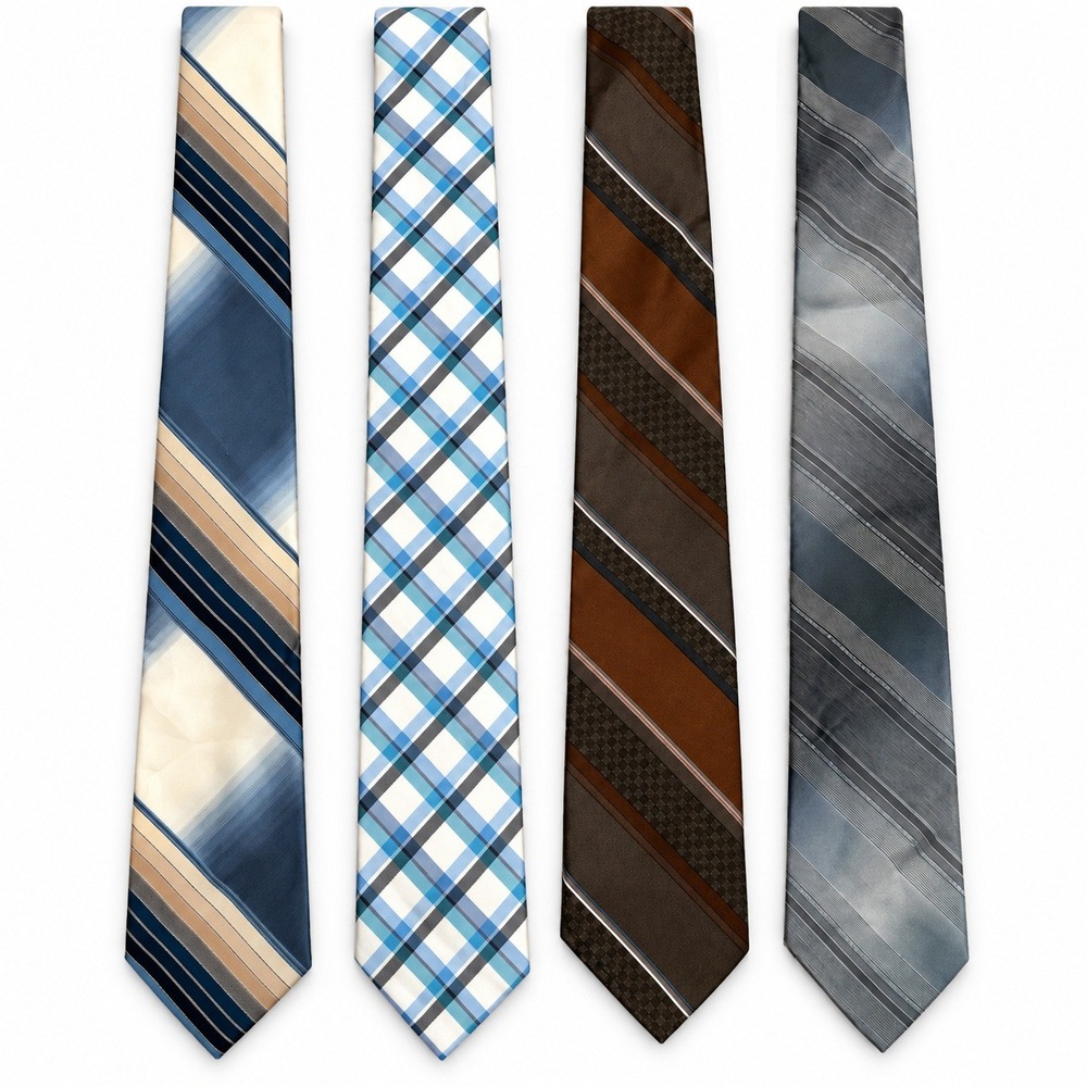 Mixed Brand Neckties Lot 4 Mens OS Blue Brown Grey Excellent Plaid Striped Tie